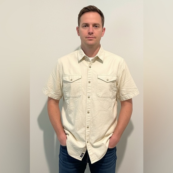 JOHN VARVATOS Chambray Bleached Denim Western Style S/S Snap Button Shirt M’s S - Picture 1 of 8